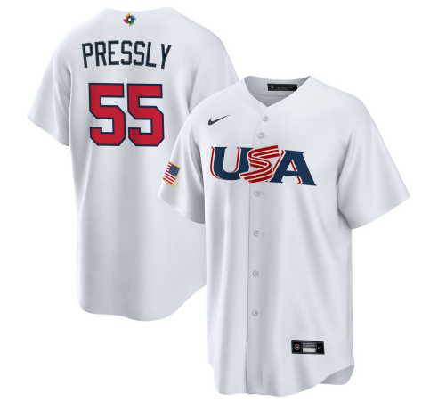 Men's USA Baseball #55 Ryan Pressly 2023 White World Baseball Classic Replica Stitched Jersey